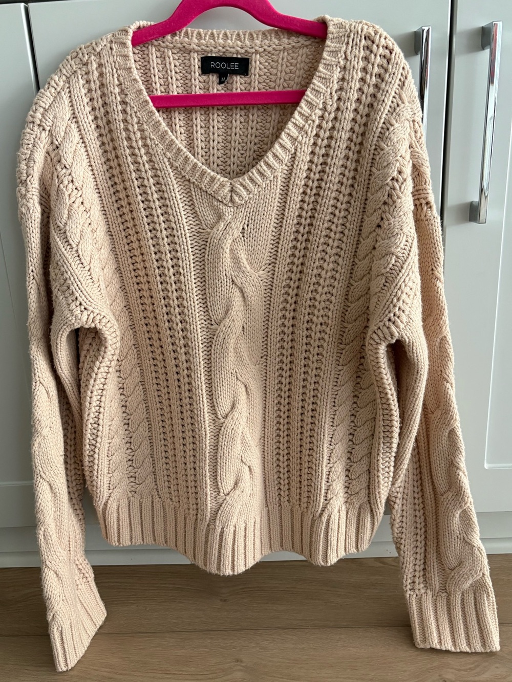 Roolee Beige Cable Knit V-Neck Sweater